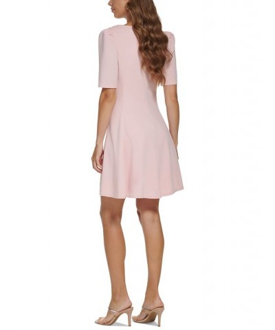 Women's Foldover-Neck Elbow-Sleeve Fit & Flare Dress Powder $35.52 Dresses