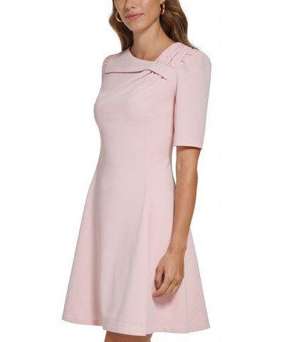 Women's Foldover-Neck Elbow-Sleeve Fit & Flare Dress Powder $35.52 Dresses