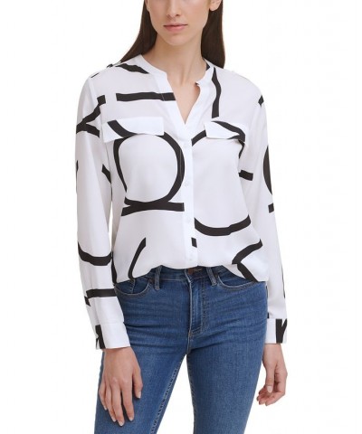 Long Sleeve Logo Button Front Blouse White $40.55 Tops