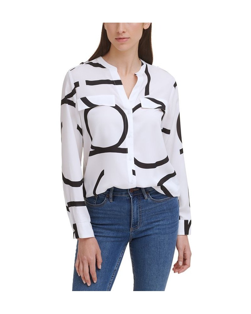 Long Sleeve Logo Button Front Blouse White $40.55 Tops