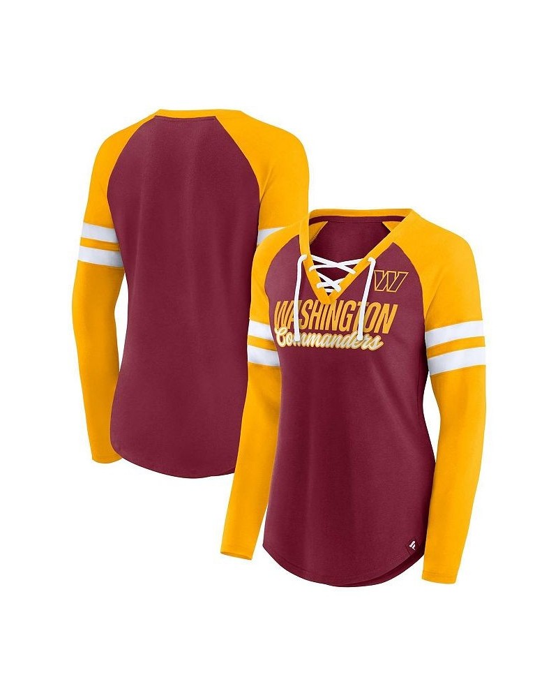 Women's Washington Commanders True to Form Raglan Lace-Up V-Neck Long Sleeve T-shirt Burgundy, Gold $32.44 Tops