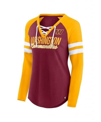 Women's Washington Commanders True to Form Raglan Lace-Up V-Neck Long Sleeve T-shirt Burgundy, Gold $32.44 Tops