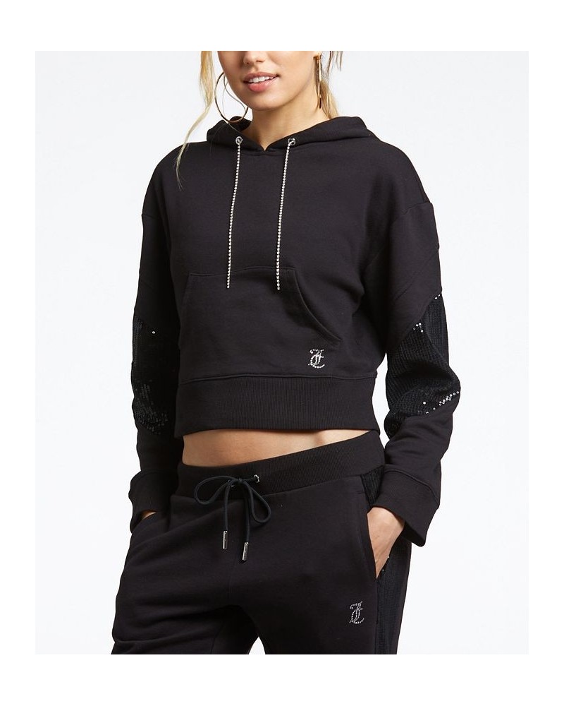 Women's Cropped Logo Sequin Hoodie Black $34.68 Tops