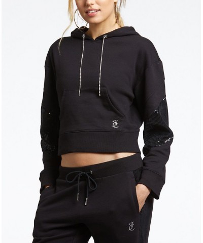 Women's Cropped Logo Sequin Hoodie Black $34.68 Tops