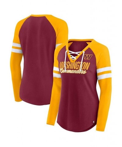 Women's Washington Commanders True to Form Raglan Lace-Up V-Neck Long Sleeve T-shirt Burgundy, Gold $32.44 Tops