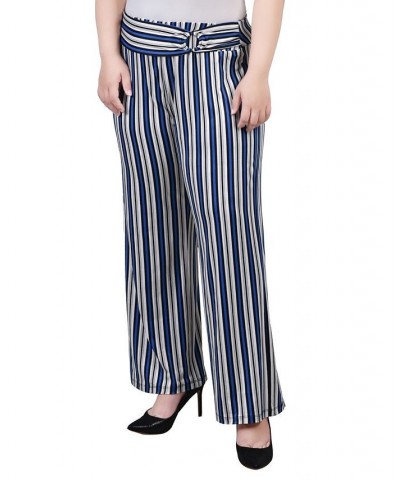 Plus Size Cropped Pull On Pants with Faux Belt Blue Black Stripe $15.77 Pants