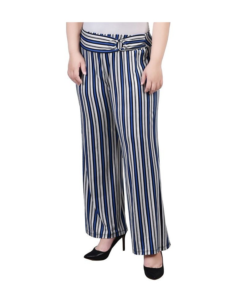 Plus Size Cropped Pull On Pants with Faux Belt Blue Black Stripe $15.77 Pants