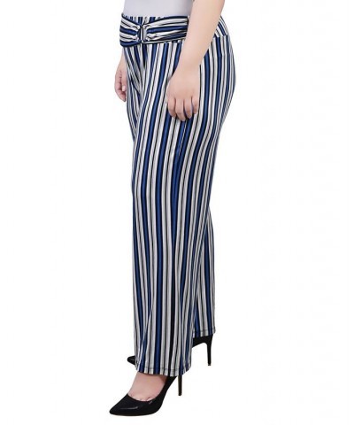 Plus Size Cropped Pull On Pants with Faux Belt Blue Black Stripe $15.77 Pants