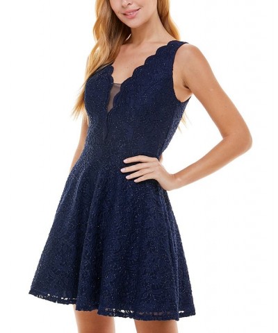 Juniors' V-Neck Glitter Lace Dress Med Navy $35.60 Dresses