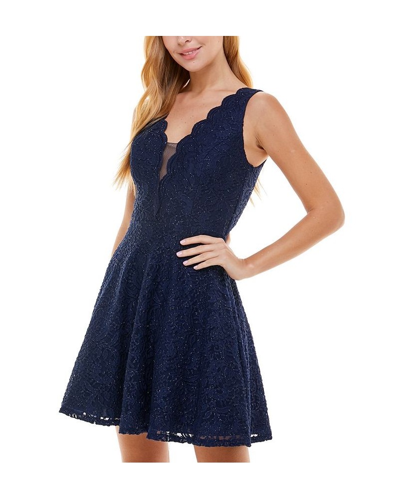 Juniors' V-Neck Glitter Lace Dress Med Navy $35.60 Dresses