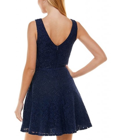 Juniors' V-Neck Glitter Lace Dress Med Navy $35.60 Dresses