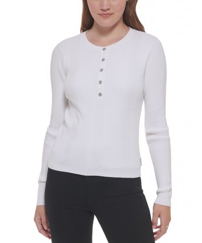 Women's Cotton Long-Sleeve Variegated-Rib Henley White $22.85 Tops