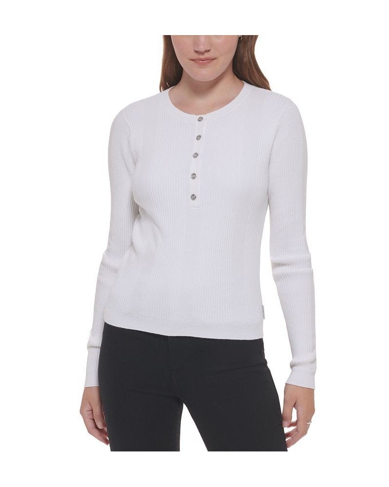 Women's Cotton Long-Sleeve Variegated-Rib Henley White $22.85 Tops