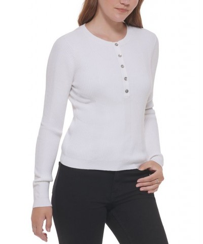 Women's Cotton Long-Sleeve Variegated-Rib Henley White $22.85 Tops