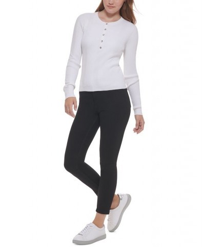 Women's Cotton Long-Sleeve Variegated-Rib Henley White $22.85 Tops