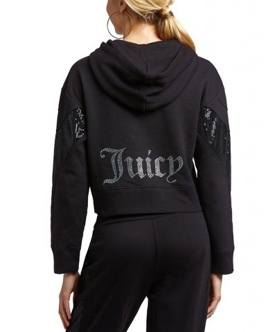 Women's Cropped Logo Sequin Hoodie Black $34.68 Tops