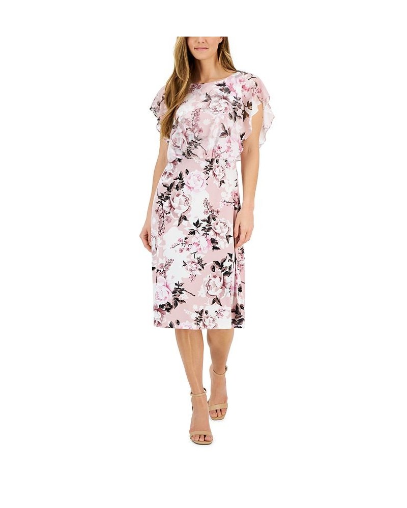 Petite Printed Flutter-Sleeve Popover Midi Dress Navy/Mauve $45.39 Dresses