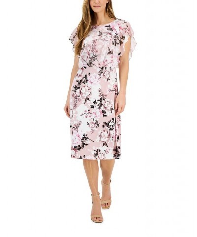 Petite Printed Flutter-Sleeve Popover Midi Dress Navy/Mauve $45.39 Dresses