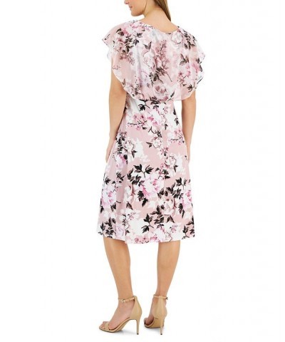 Petite Printed Flutter-Sleeve Popover Midi Dress Navy/Mauve $45.39 Dresses