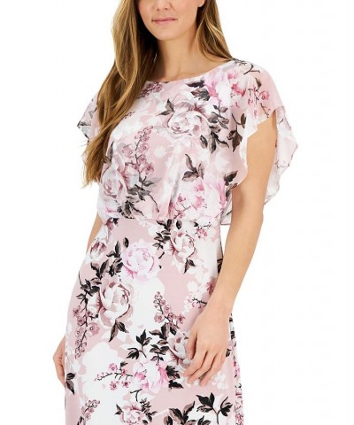 Petite Printed Flutter-Sleeve Popover Midi Dress Navy/Mauve $45.39 Dresses