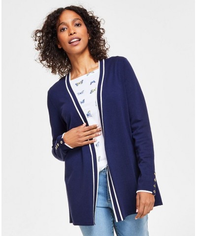 Women's Contrast-Trim Completer Cardigan Blue $20.59 Sweaters