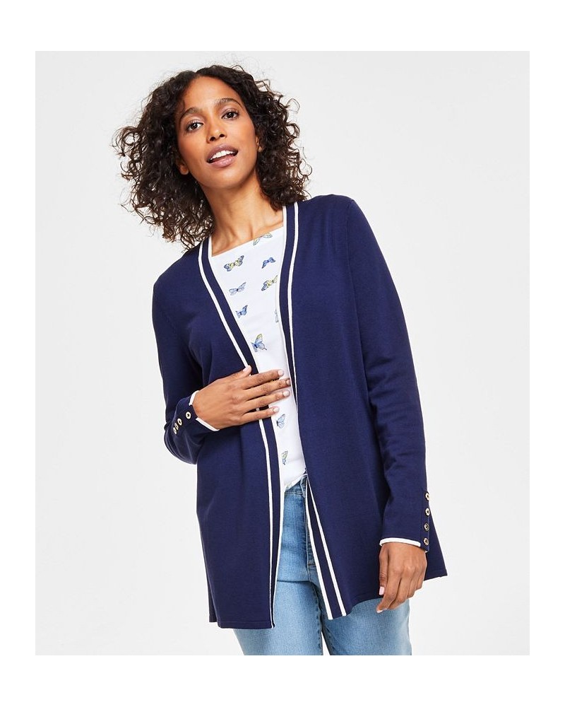 Women's Contrast-Trim Completer Cardigan Blue $20.59 Sweaters