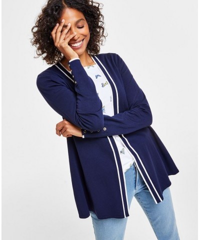 Women's Contrast-Trim Completer Cardigan Blue $20.59 Sweaters