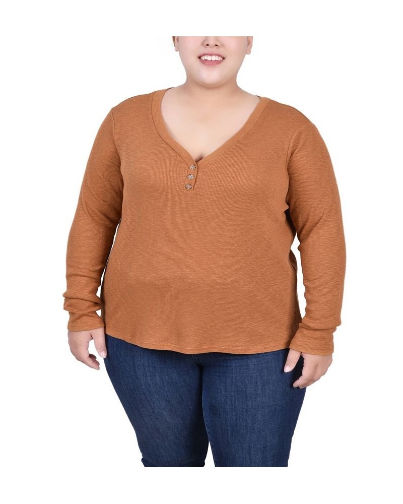 Plus Size Long Sleeve Ribbed Henley Brown $13.35 Tops