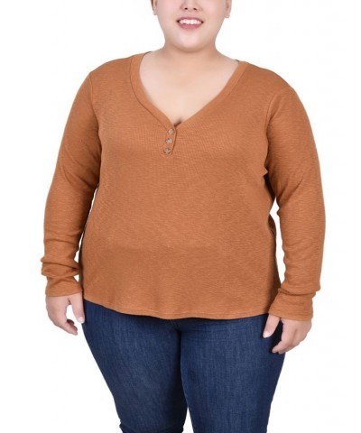 Plus Size Long Sleeve Ribbed Henley Brown $13.35 Tops