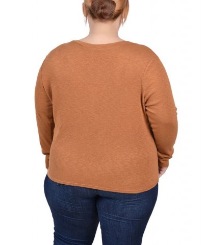 Plus Size Long Sleeve Ribbed Henley Brown $13.35 Tops