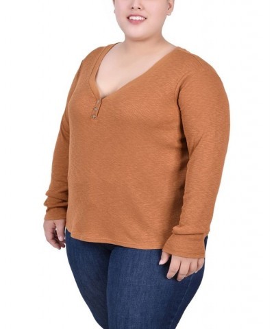 Plus Size Long Sleeve Ribbed Henley Brown $13.35 Tops