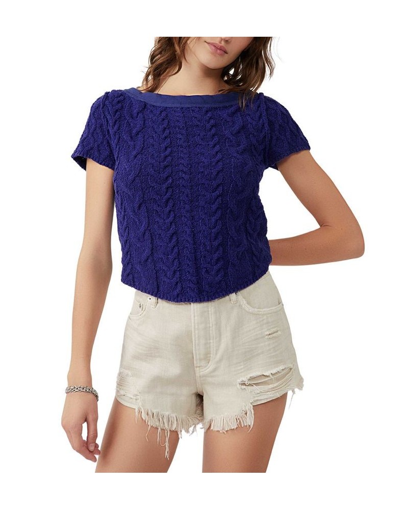 Women's Cable-Knit Baby Sweater T-Shirt Blue $43.12 Sweaters