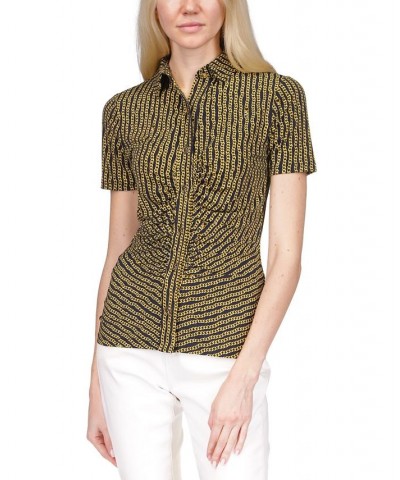 Women's Button Ruched-Front Top Midnight Blue/Gold $35.78 Tops