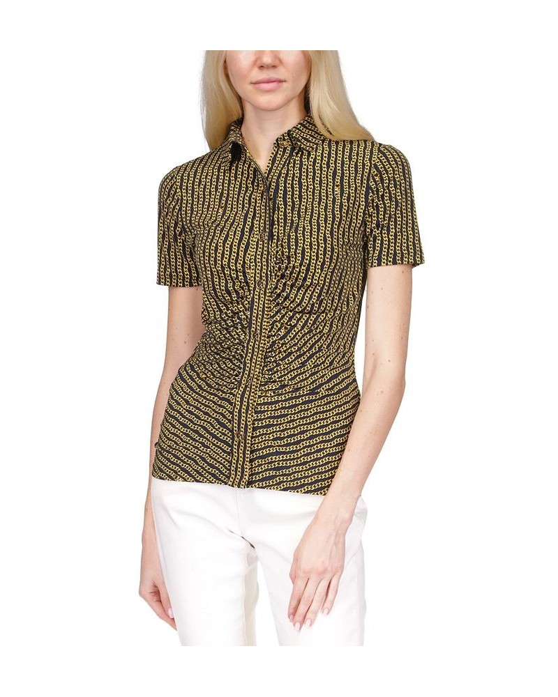 Women's Button Ruched-Front Top Midnight Blue/Gold $35.78 Tops