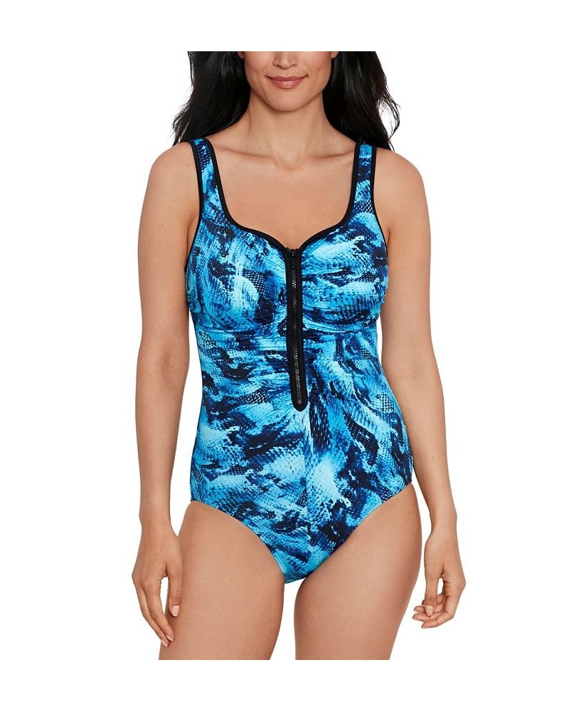 Shape Solver Sport for Women's Under My Skin Ruched Zip-Front One-Piece Swimsuit Blue $38.94 Swimsuits