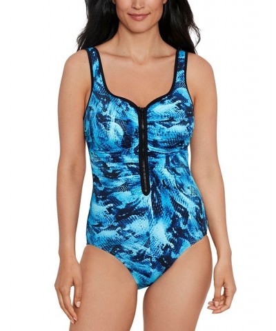 Shape Solver Sport for Women's Under My Skin Ruched Zip-Front One-Piece Swimsuit Blue $38.94 Swimsuits