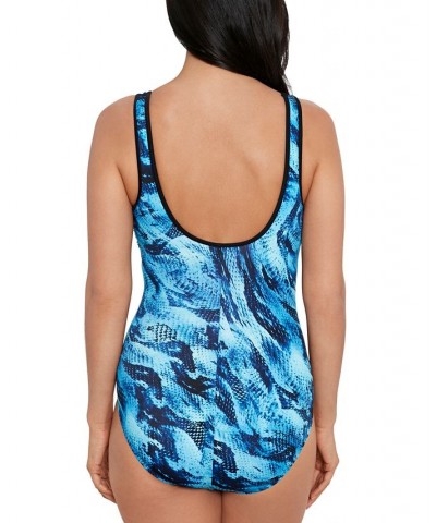 Shape Solver Sport for Women's Under My Skin Ruched Zip-Front One-Piece Swimsuit Blue $38.94 Swimsuits