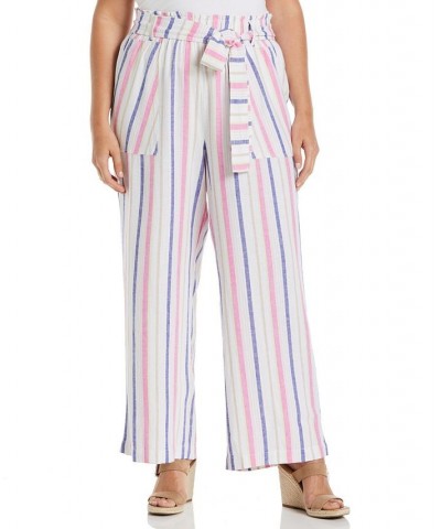 Plus Size Stripe Wide Leg Linen Blend Paper Bag Pants White $48.51 Pants