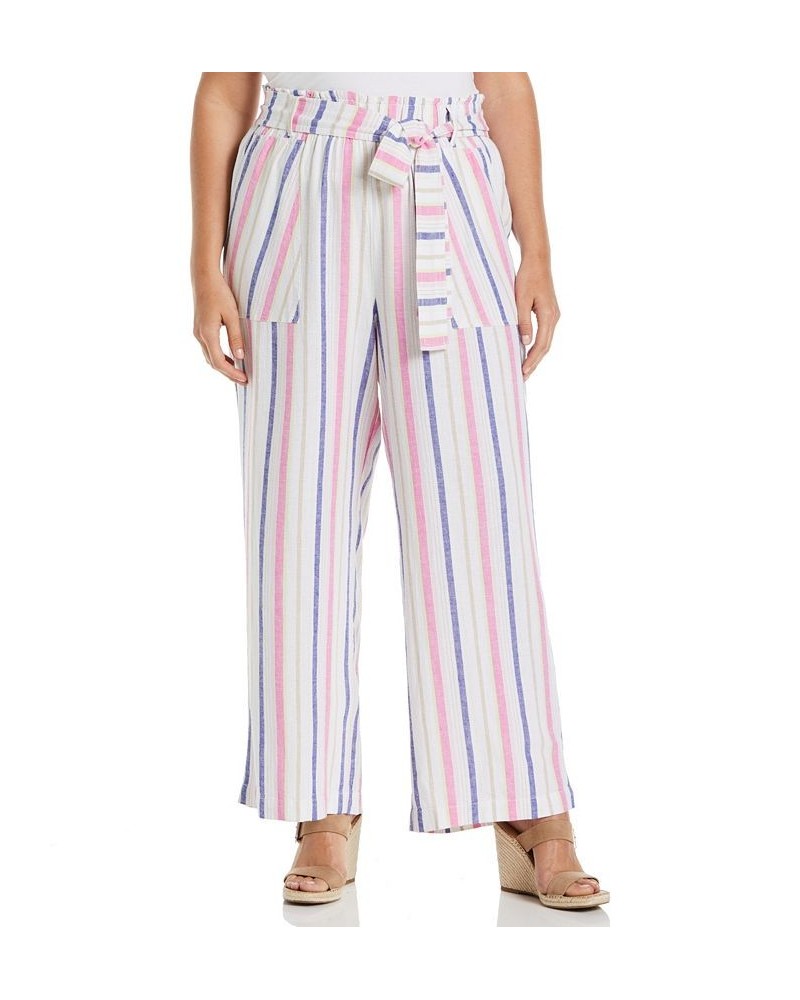 Plus Size Stripe Wide Leg Linen Blend Paper Bag Pants White $48.51 Pants