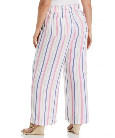 Plus Size Stripe Wide Leg Linen Blend Paper Bag Pants White $48.51 Pants