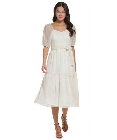 Women's Puff-Sleeve Smocked Midi Dress Ivory/Khaki $69.12 Dresses