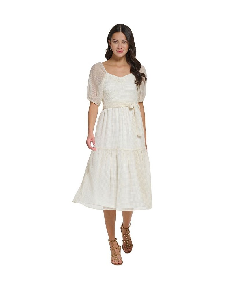 Women's Puff-Sleeve Smocked Midi Dress Ivory/Khaki $69.12 Dresses