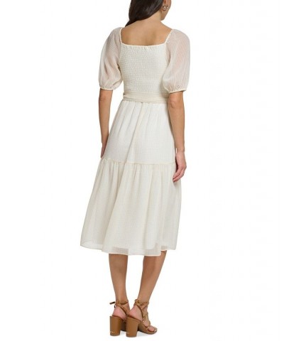 Women's Puff-Sleeve Smocked Midi Dress Ivory/Khaki $69.12 Dresses