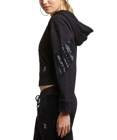 Women's Cropped Logo Sequin Hoodie Black $34.68 Tops