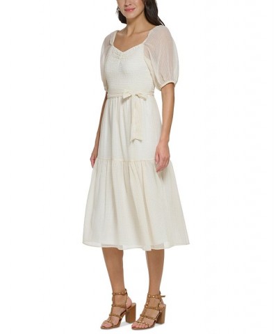 Women's Puff-Sleeve Smocked Midi Dress Ivory/Khaki $69.12 Dresses