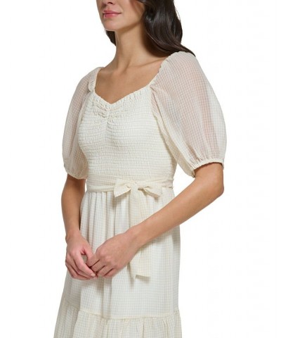 Women's Puff-Sleeve Smocked Midi Dress Ivory/Khaki $69.12 Dresses