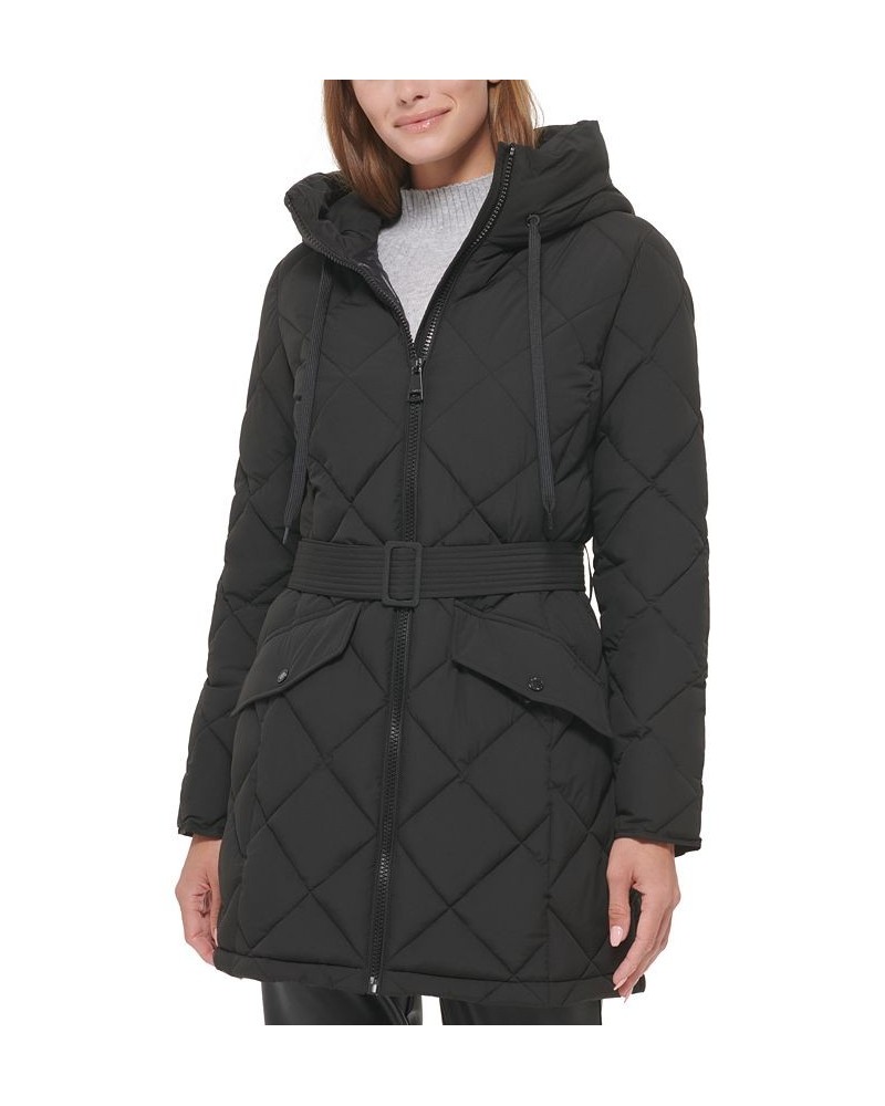 Women's Hooded Belted Diamond Quilted Coat Black $88.20 Coats