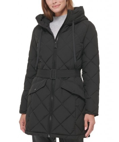 Women's Hooded Belted Diamond Quilted Coat Black $88.20 Coats