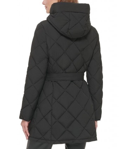 Women's Hooded Belted Diamond Quilted Coat Black $88.20 Coats