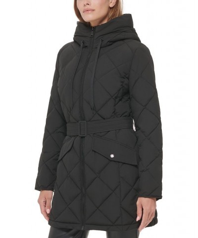 Women's Hooded Belted Diamond Quilted Coat Black $88.20 Coats